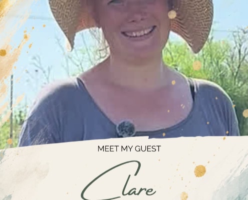 Smiling woman in a straw hat outdoors with blue sky and trees behind her.