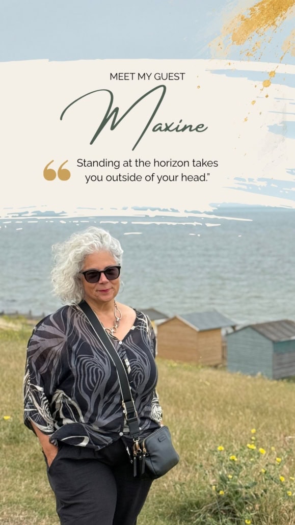 Portrait of Maxine standing outdoors near the coast with colorful beach huts in the background.